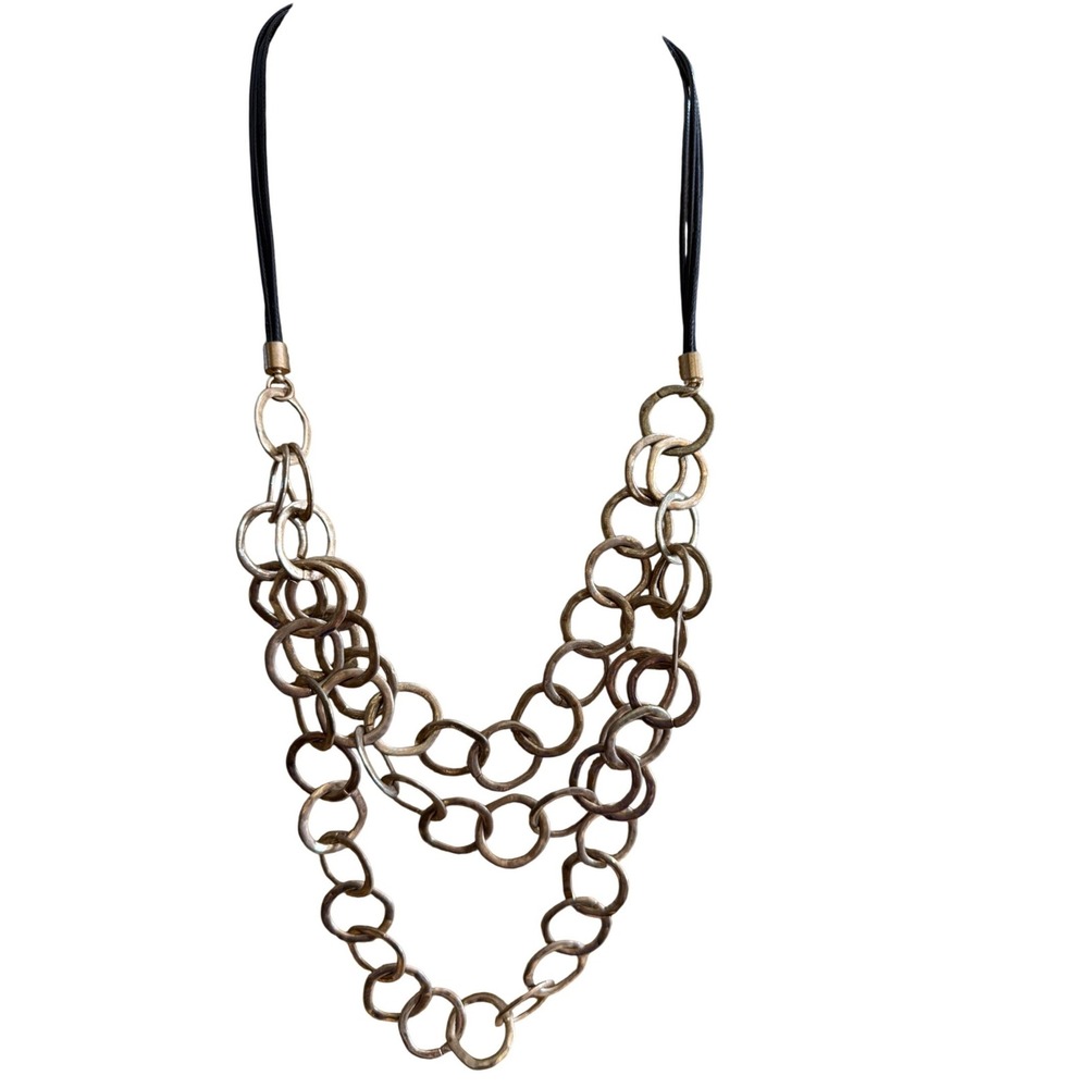 Hammered Gold Tone Multi Strand Circle‎ Link Statement Necklace